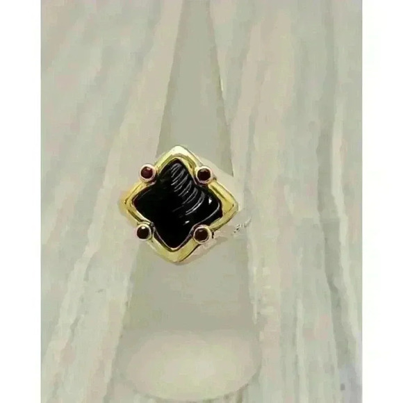 David Yurman Jewelry - David Yurman Quatrefoil 18K Gold Sterling Silver Onyx Pink Tourmaline Ring SZ 6